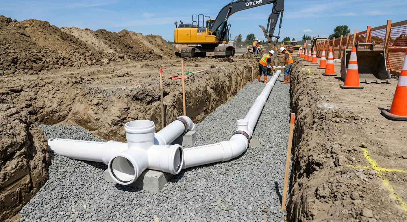 New PVC sewer pipe installation in open trench for Commercial Drain Cleaning in Hope Mills