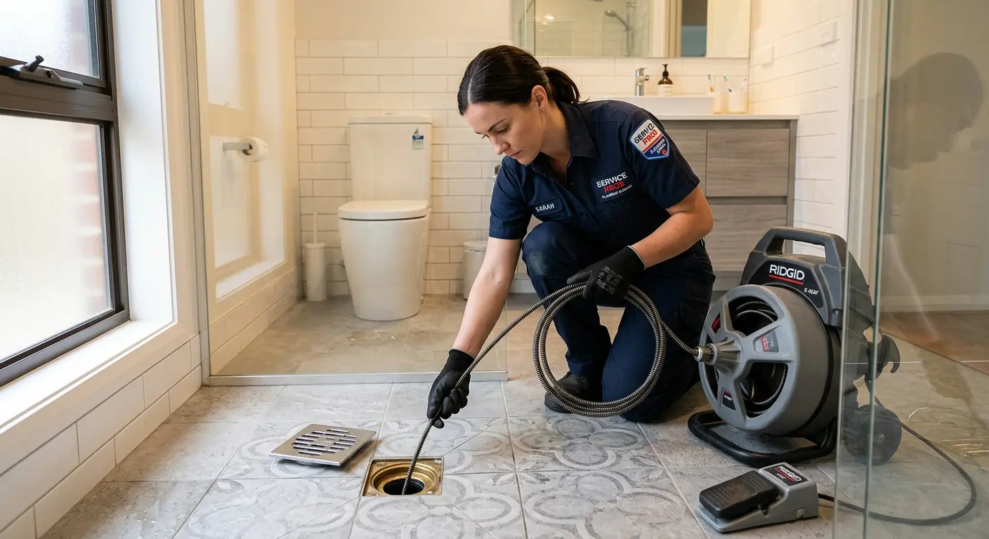 Technician clearing a bathroom floor drain for Sewer Line Replacement in Hope Mills